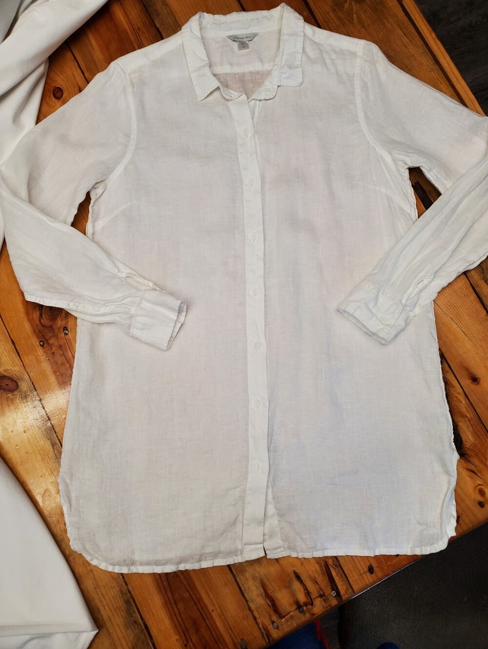 Garnet Hill 100% Linen Shirt Medium White Longline Button Down Long Sleeve Relax